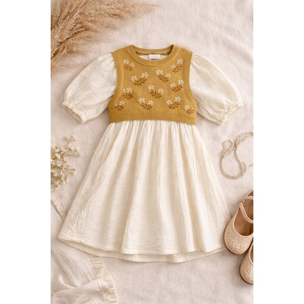 EligoGirls Dress & Sweater Vest‎ Bundle Size 4–5Y 110cm Cream Cotton Outfit NWOT